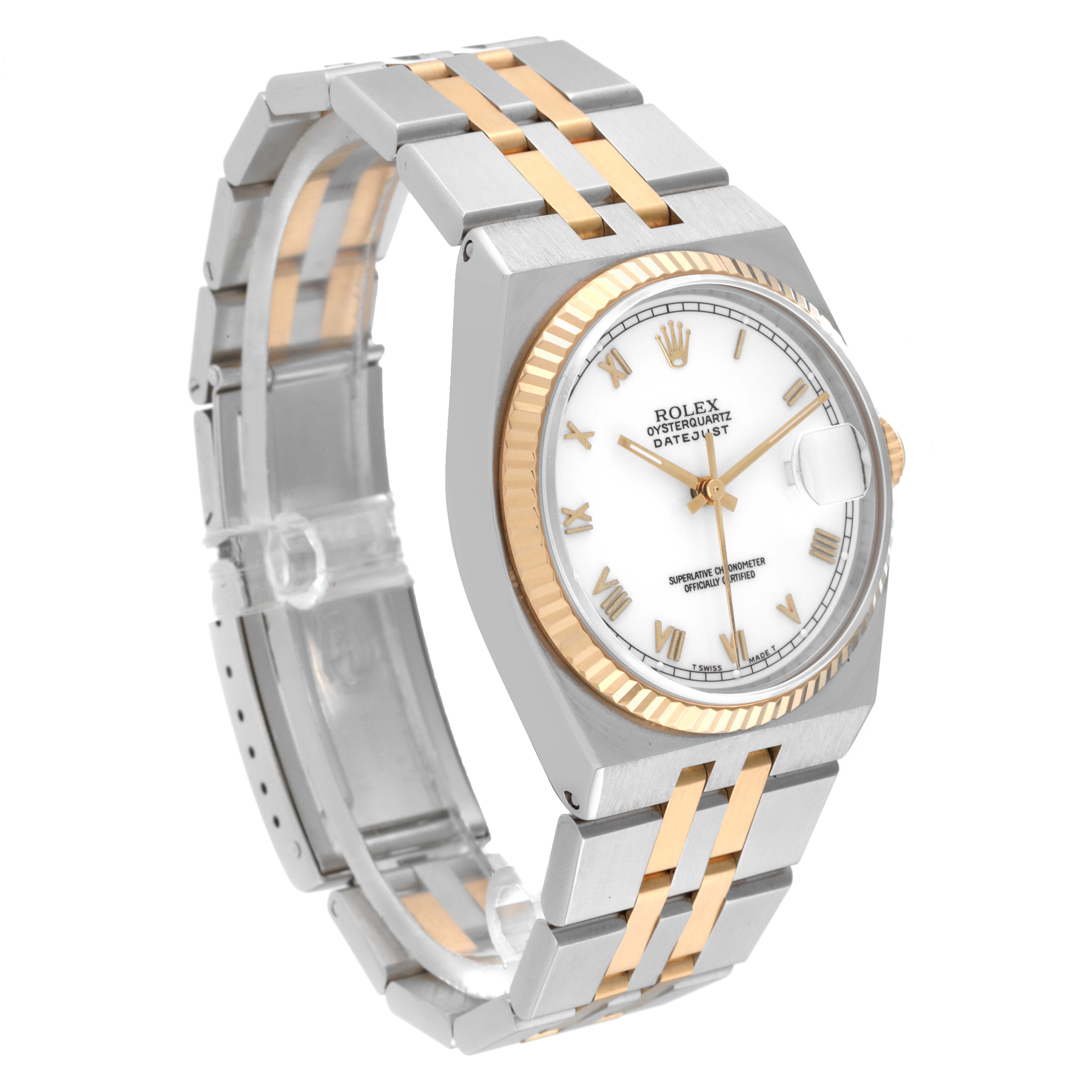 The image shows a side angle of the Rolex Oysterquartz 17013 Men's Steel and Gold (two tone) White Dial 17013 Men's Steel and Gold (two tone) White Dial watch, highlighting the face, bezel, crown, and metal strap.