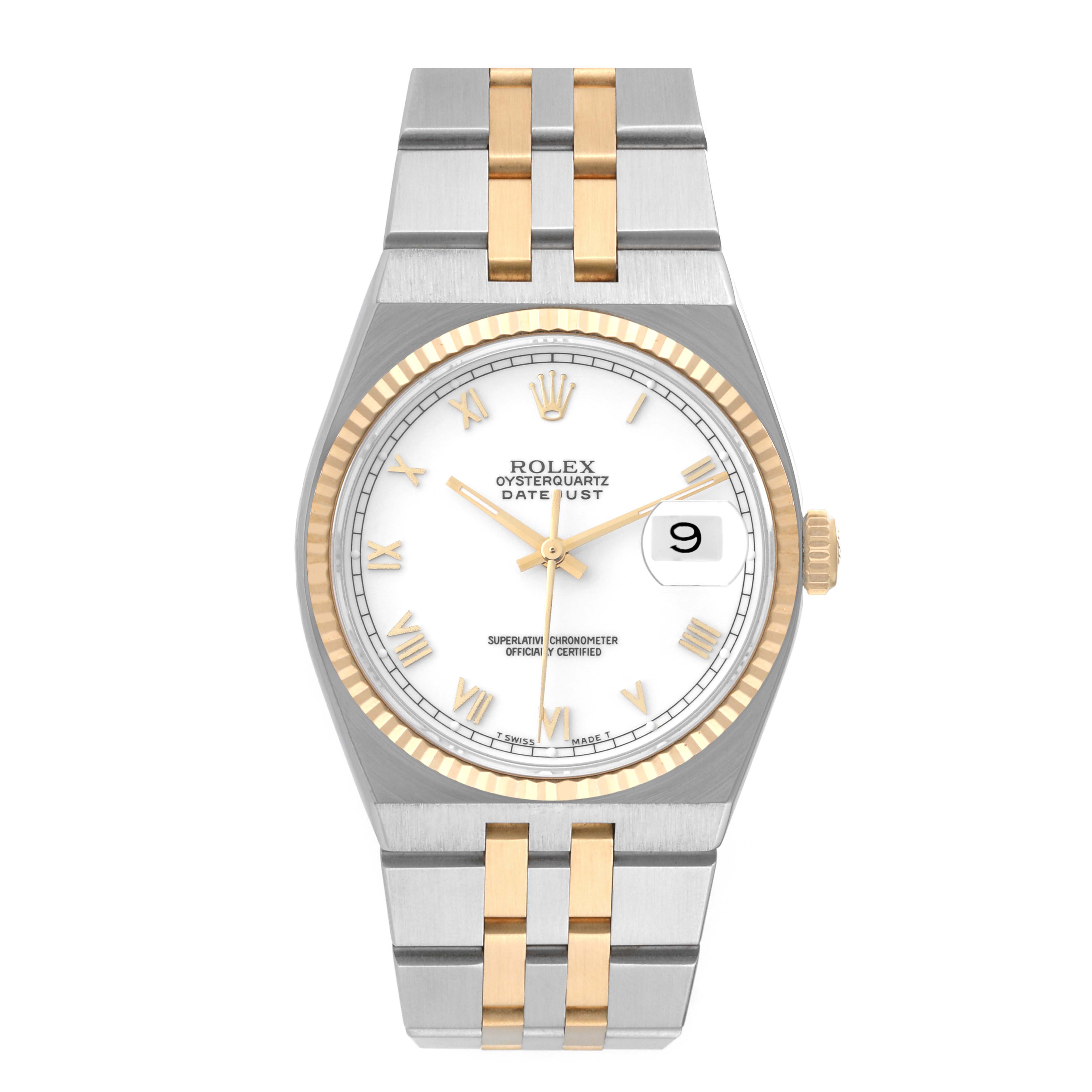 The Rolex Oysterquartz 17013 Men's Steel and Gold (two tone) White Dial 17013 Men's Steel and Gold (two tone) White Dial watch is shown from a front angle, displaying its face, bezel, case, and bracelet.