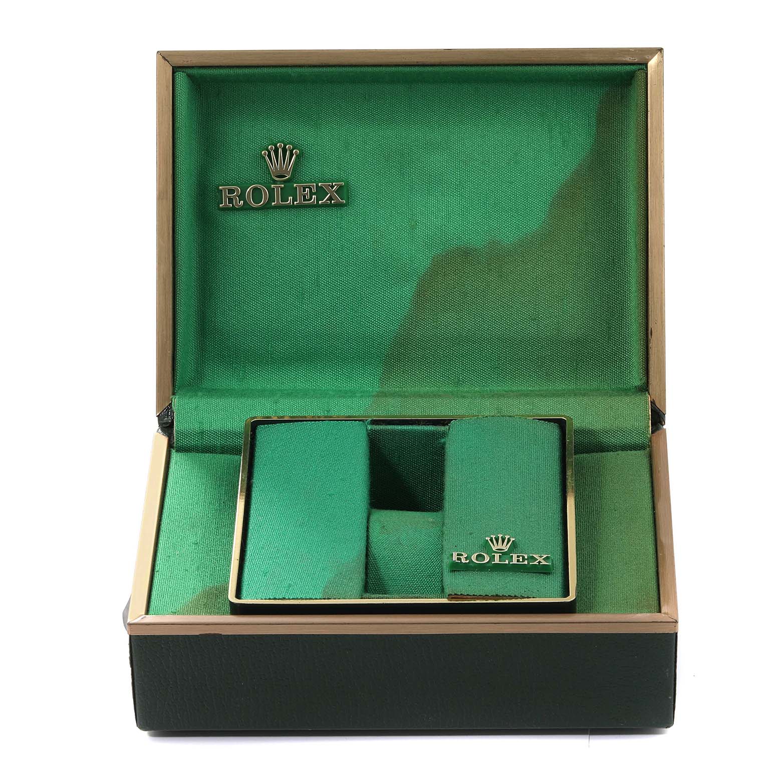 This image shows an open box for the Rolex Oysterquartz 17013 Men's Steel and Gold (two tone) White Dial 17013 Men's Steel and Gold (two tone) White Dial watch, viewed from a front angle.