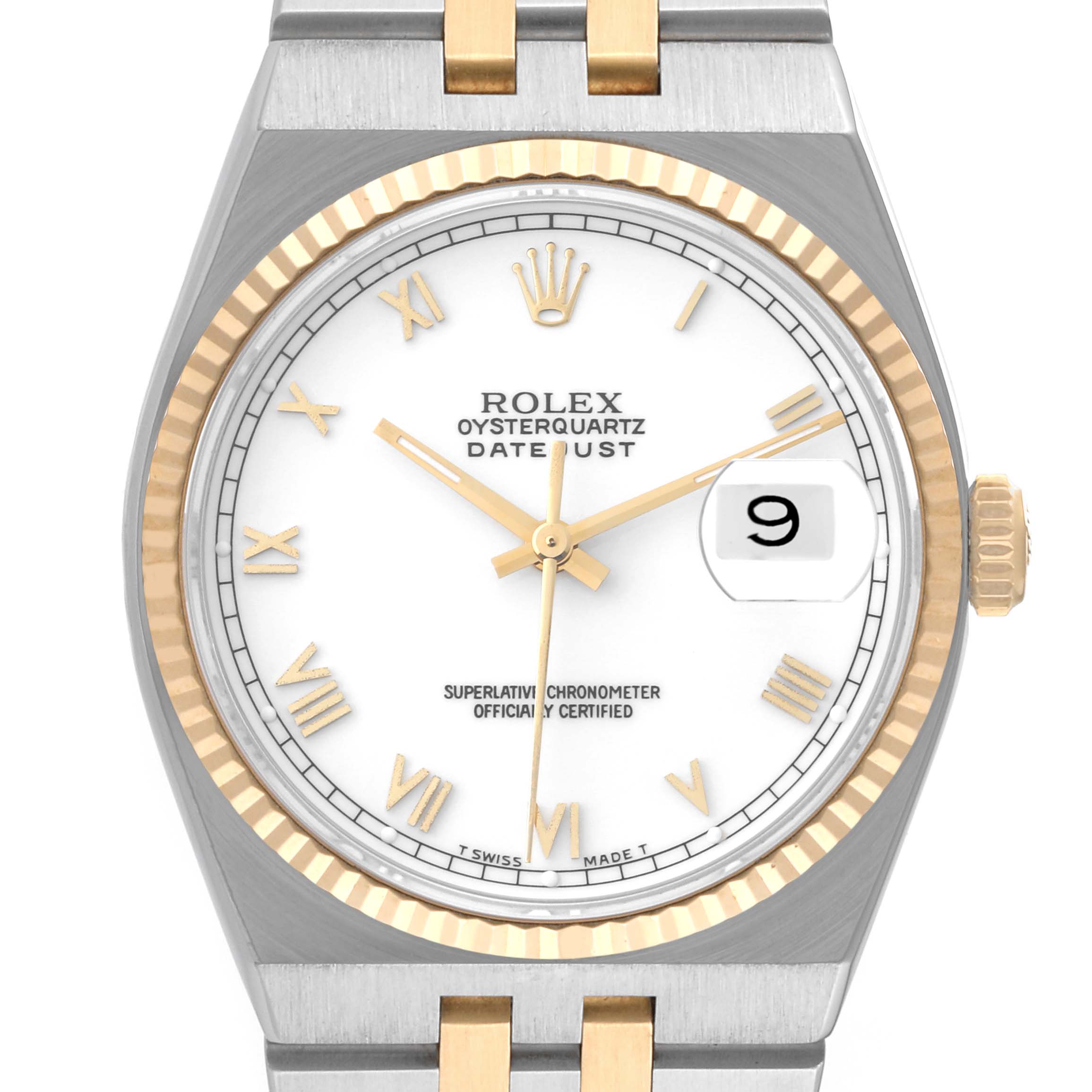 This is a front view showing the face, bezel, bracelet, hands, and date window of the Rolex Oysterquartz 17013 Men's Steel and Gold (two tone) White Dial 17013 Men's Steel and Gold (two tone) White Dial watch.