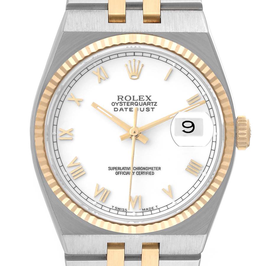 This is a front view showing the face, bezel, bracelet, hands, and date window of the Rolex Oysterquartz 17013 Men's Steel and Gold (two tone) White Dial 17013 Men's Steel and Gold (two tone) White Dial watch.