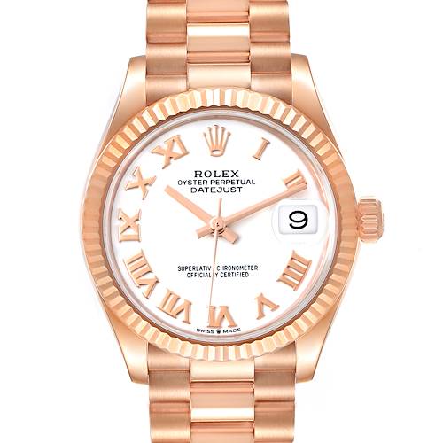 The Rolex President 278275 Women's Rose Gold White Dial 278275 Women's Rose Gold White Dial model watch is shown from the front, displaying its face, bezel, and bracelet.