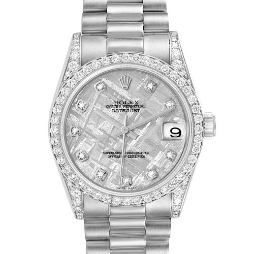 The Rolex President 78159 Women's White Gold Silver Dial 78159 Women's White Gold Silver Dial model watch is shown from a front angle, highlighting the face, bezel, and bracelet.