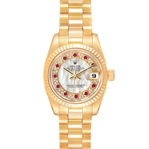 This image shows a Rolex President 179178 Women's Yellow Gold Mother of Pearl Dial 179178 Women's Yellow Gold Mother of Pearl Dial model watch with a gold band, diamond and ruby bezel, and date display at 3 o'clock.