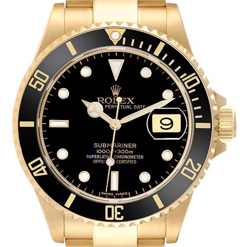 The Rolex Submariner 16618 Men's Yellow Gold Black Dial 16618 Men's Yellow Gold Black Dial is shown from the front, displaying the dial, bezel, and crown.