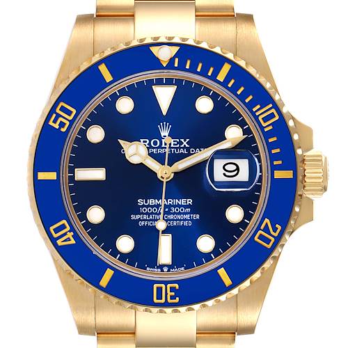 This image shows a front view of the Rolex Submariner 126618LB Men's Yellow Gold Blue Dial 126618LB Men's Yellow Gold Blue Dial watch with a blue and gold bezel, blue dial, and gold bracelet.