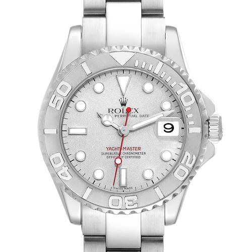 The image shows a front view of a Rolex Yacht-Master 168622 Men's Stainless Steel Silver Dial 168622 Men's Stainless Steel Silver Dial watch, highlighting its dial, bezel, and bracelet.