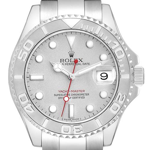 This image shows a front view of the Rolex Yacht-Master 16622 Men's Stainless Steel Silver Dial 16622 Men's Stainless Steel Silver Dial watch, displaying the dial, bezel, and part of the bracelet.