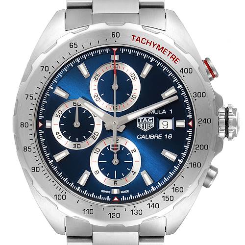 The image shows a front view of a Tag Heuer Formula 1 CAZ2015.BA0876 Men's Stainless Steel Blue Dial CAZ2015.BA0876 Men's Stainless Steel Blue Dial watch displaying its face, bezel, tachymeter, and three subdials.