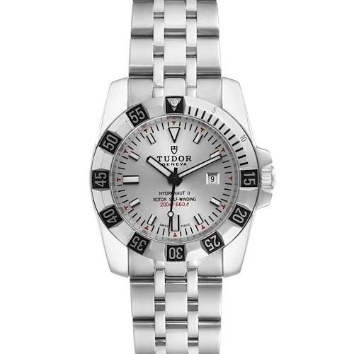 The image shows a front view of the Tudor Hydronaut 24030 Women's Stainless Steel Silver Dial 24030 Women's Stainless Steel Silver Dial watch, displaying the face, bezel, and metal bracelet clearly.
