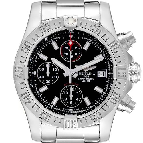 The Breitling Avenger A13381 Men's Stainless Steel Black Dial A13381 Men's Stainless Steel Black Dial watch is shown from a top-down angle, displaying the face, bezel, and part of the bracelet.
