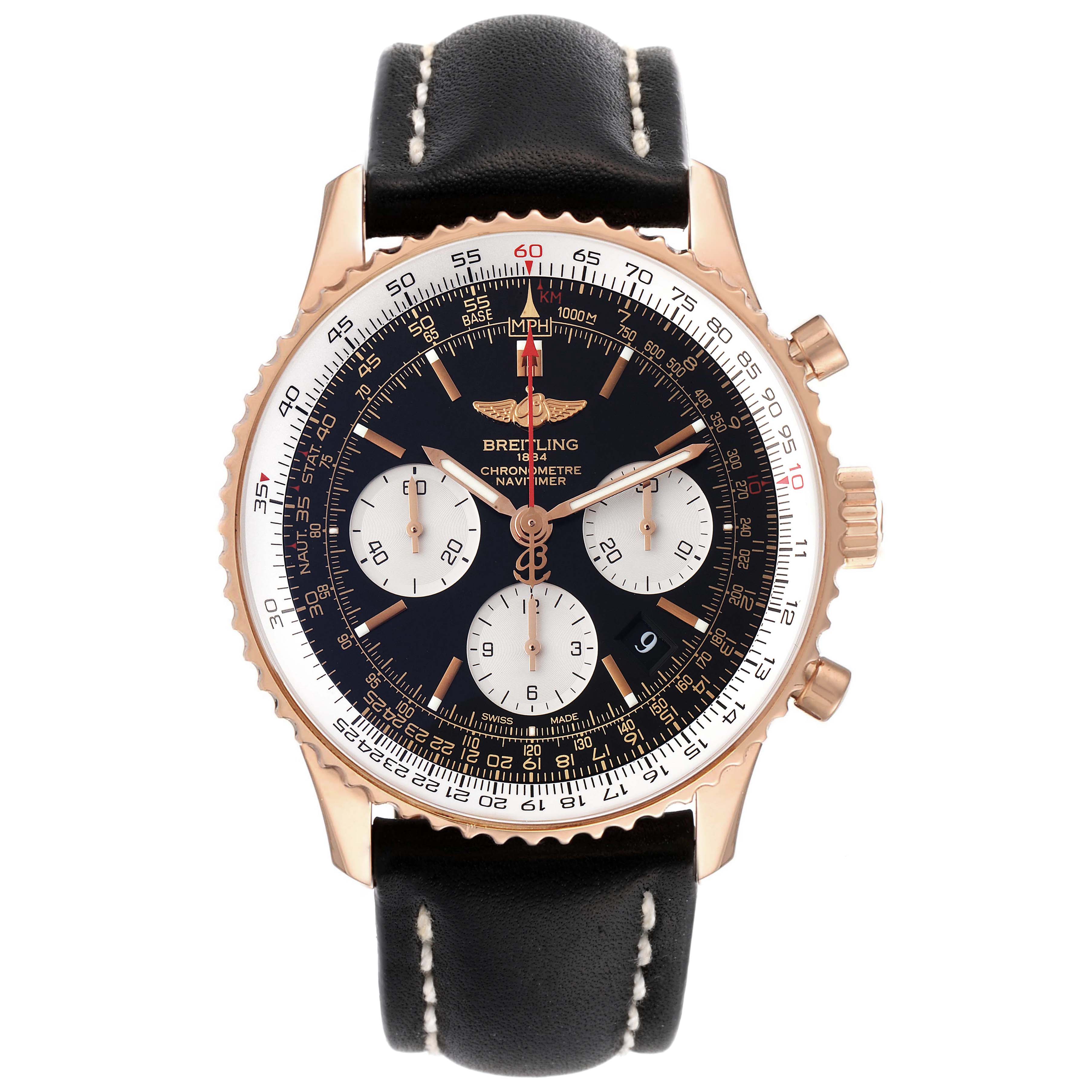 The image shows a front view of a Breitling Navitimer RB0120 Men's Rose Gold Black Dial RB0120 Men's Rose Gold Black Dial watch with a black leather strap and a rose gold case.