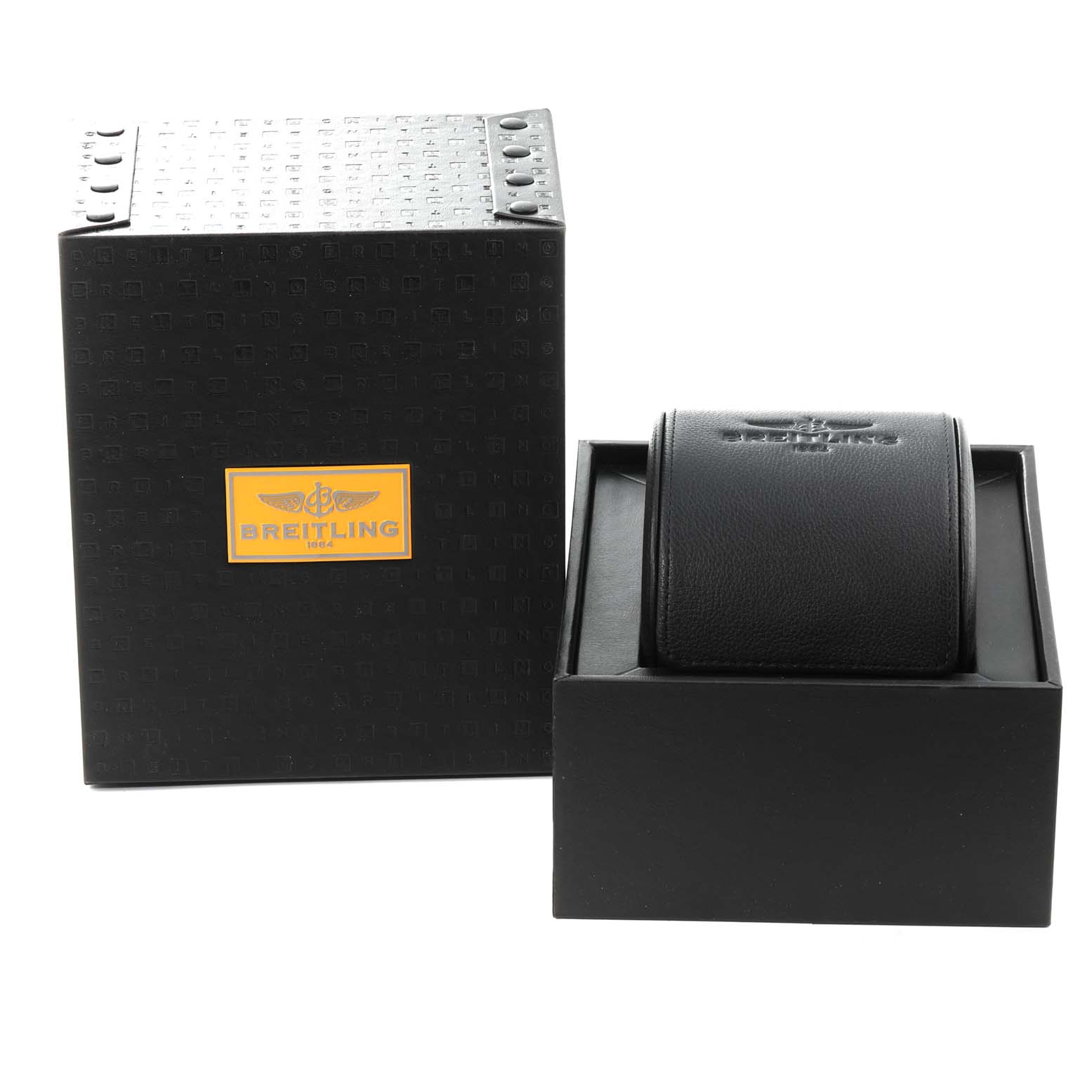 The image shows the packaging for a Breitling Navitimer RB0120 Men's Rose Gold Black Dial RB0120 Men's Rose Gold Black Dial watch, including a branded box and a leather watch case.