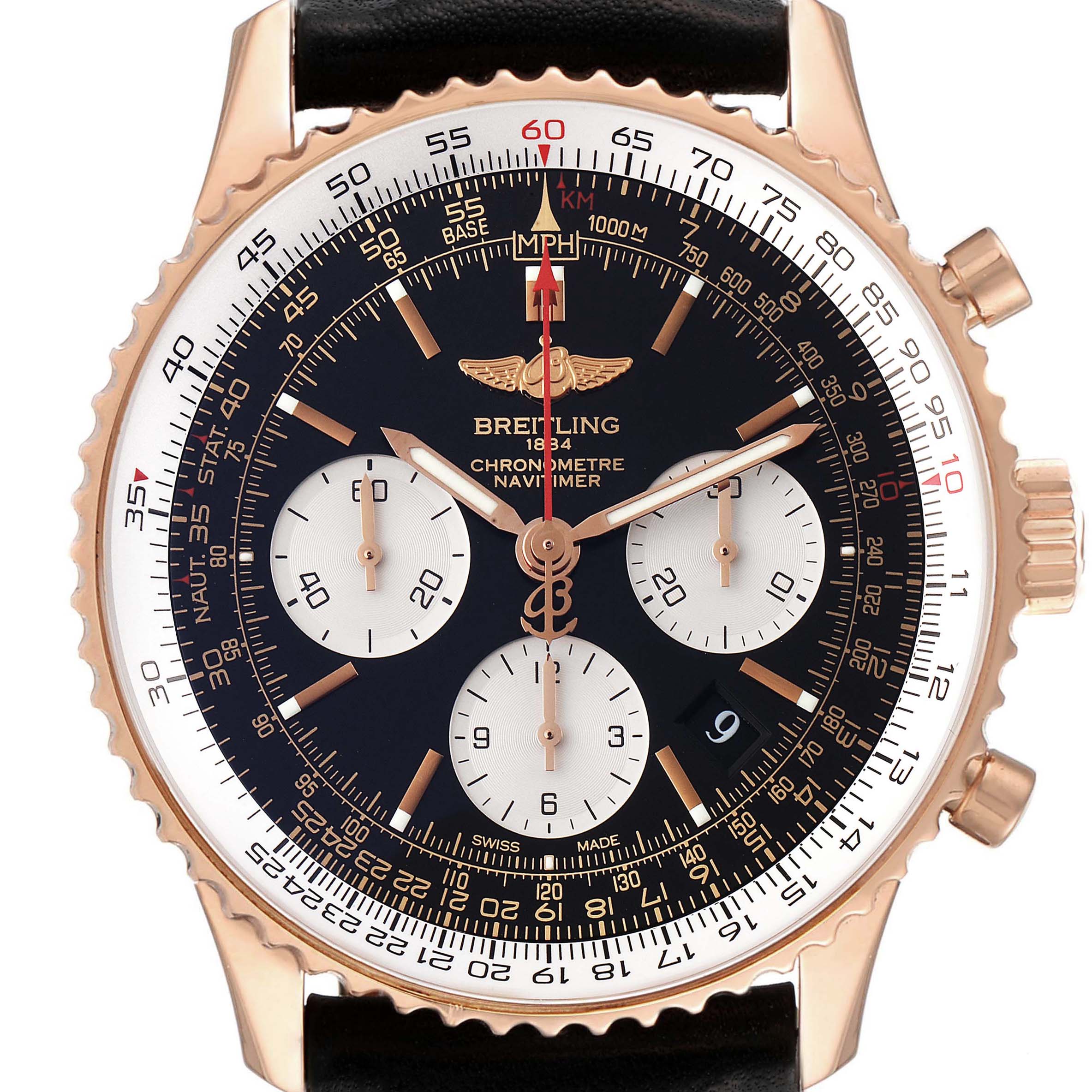 The Breitling Navitimer RB0120 Men's Rose Gold Black Dial RB0120 Men's Rose Gold Black Dial watch is shown from a front angle, highlighting the dial, bezel, subdials, and crown.
