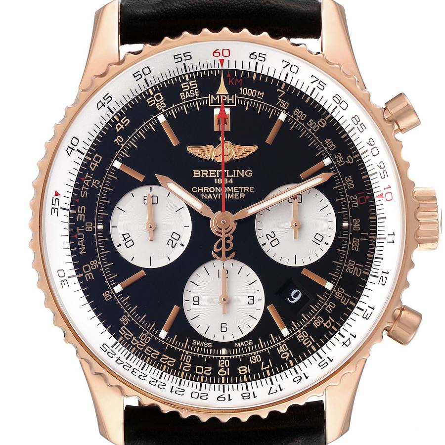 The Breitling Navitimer RB0120 Men's Rose Gold Black Dial RB0120 Men's Rose Gold Black Dial watch is shown from a front angle, highlighting the dial, bezel, subdials, and crown.