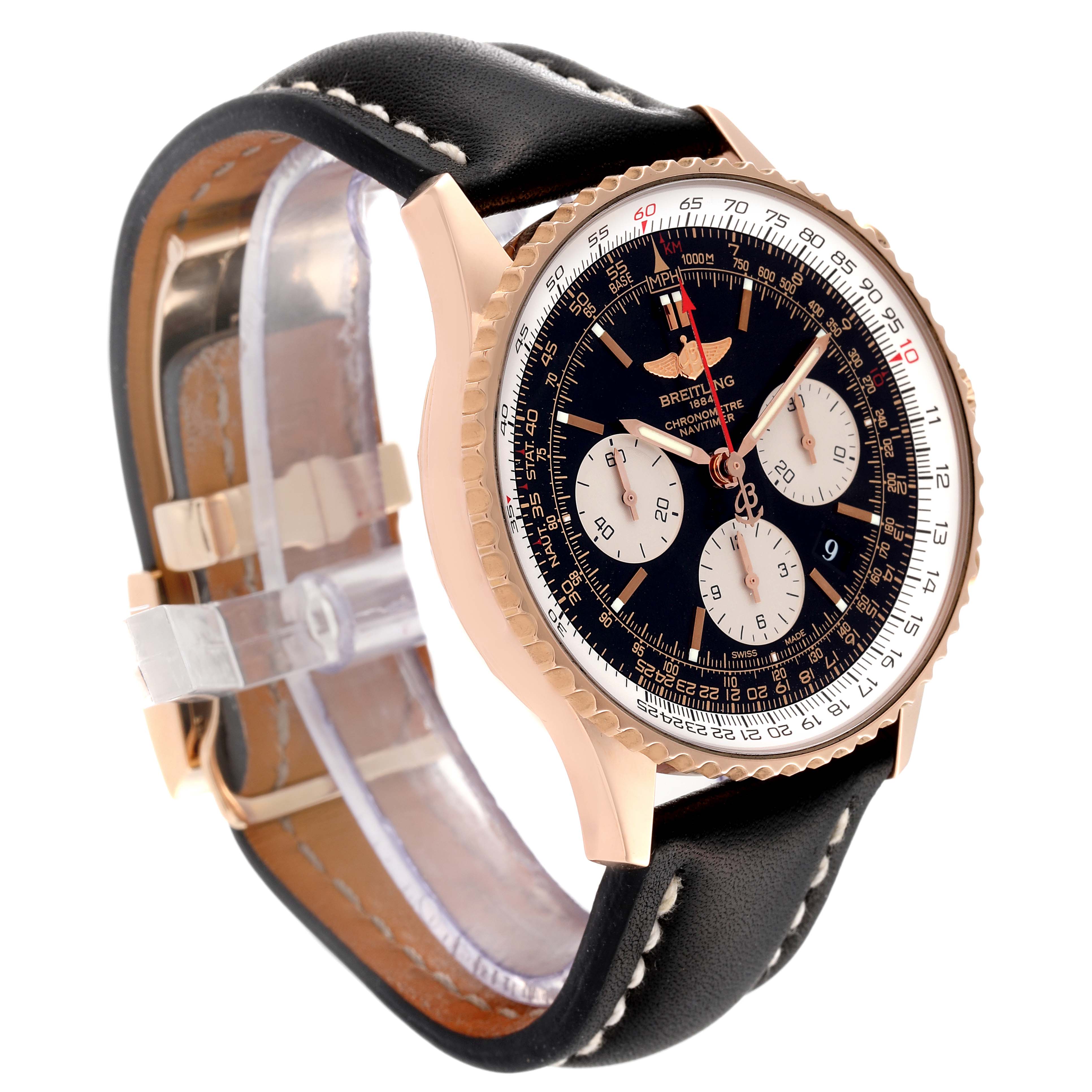 The Breitling Navitimer RB0120 Men's Rose Gold Black Dial RB0120 Men's Rose Gold Black Dial watch is shown at an angled side view, highlighting its dial, straps, and bezel.