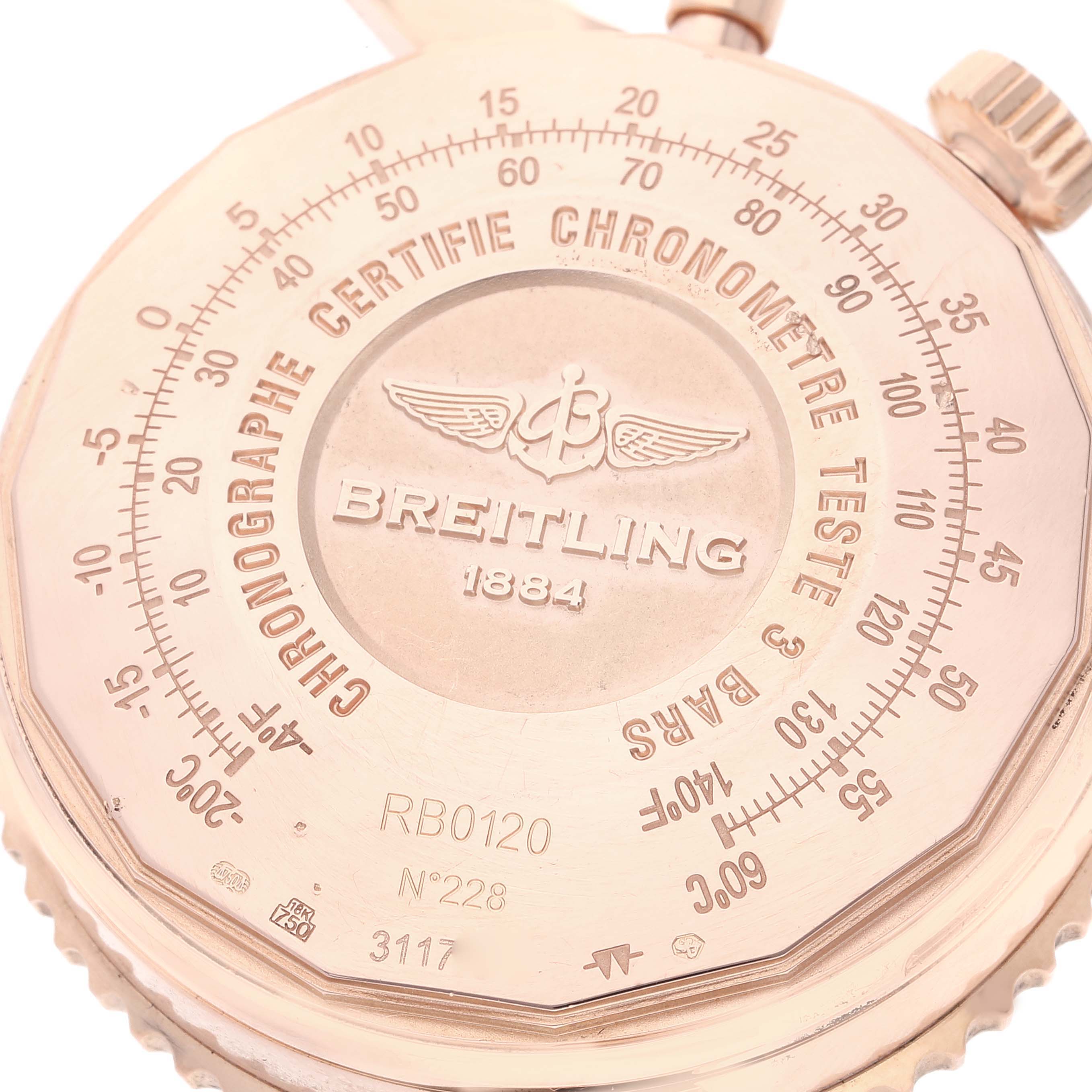 This is a close-up of the back case of a Breitling Navitimer RB0120 Men's Rose Gold Black Dial RB0120 Men's Rose Gold Black Dial watch.