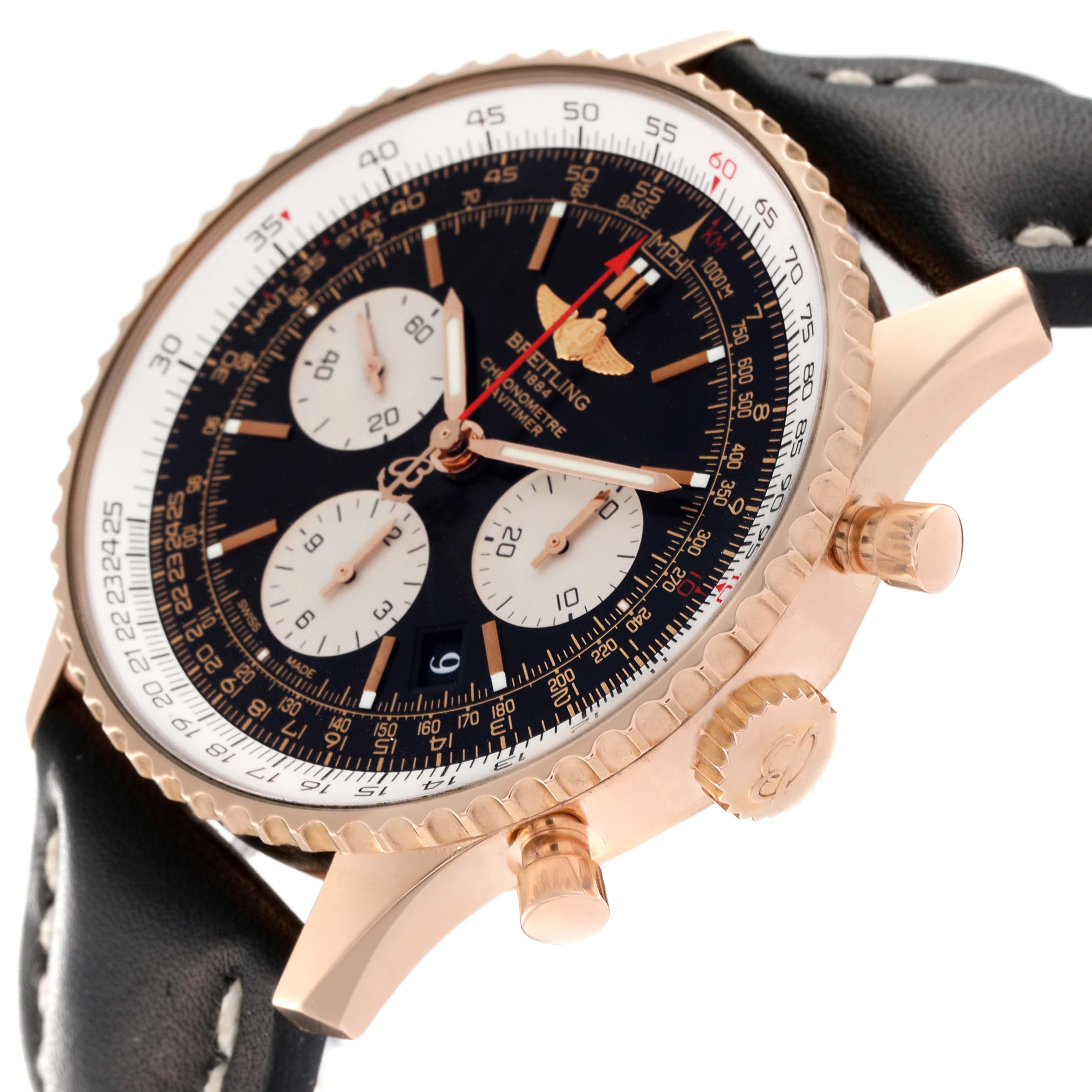 The image shows the dial, crown, pushers, and part of the strap of a Breitling Navitimer RB0120 Men's Rose Gold Black Dial RB0120 Men's Rose Gold Black Dial watch, viewed from an angled side perspective.