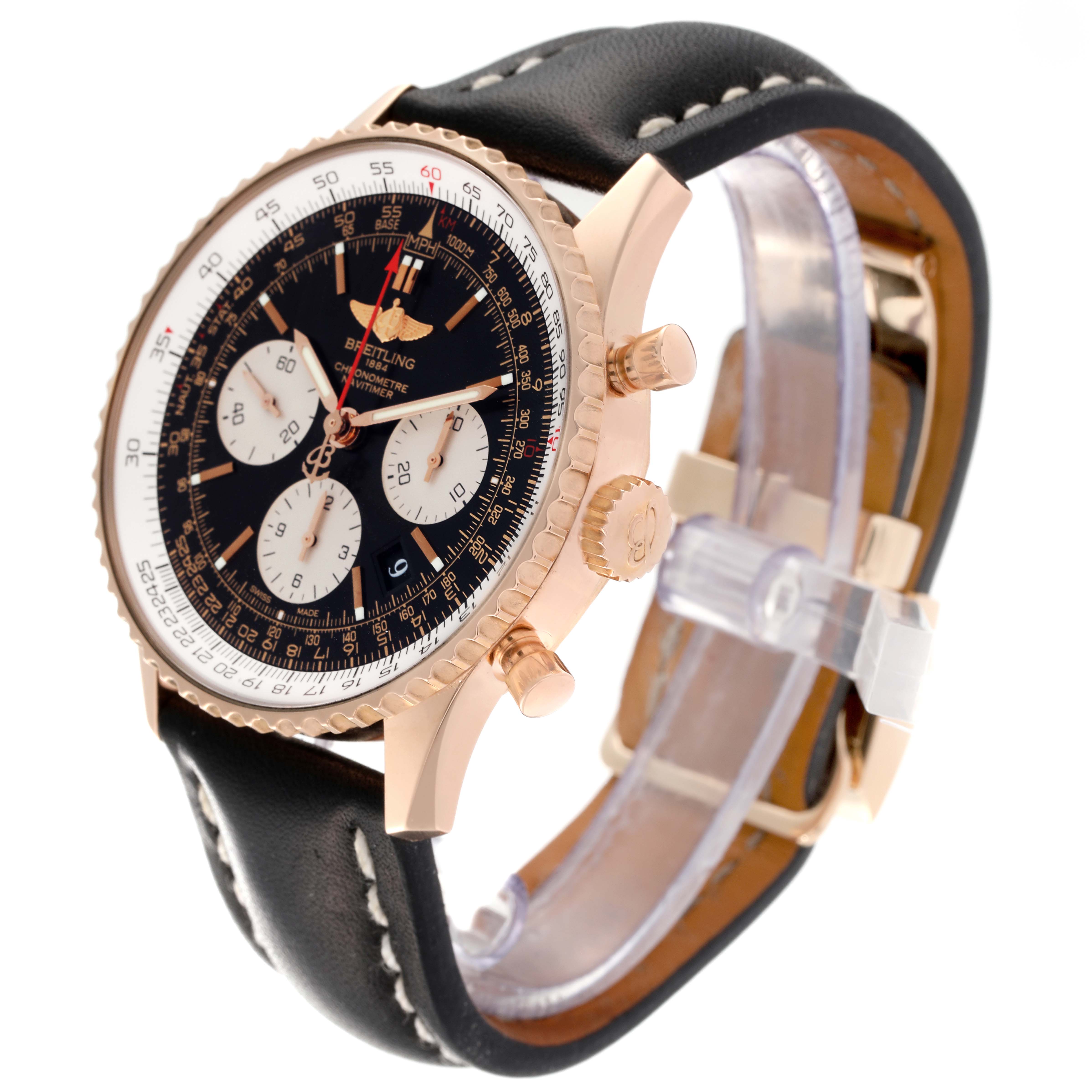 The image shows a side angle of a Breitling Navitimer RB0120 Men's Rose Gold Black Dial RB0120 Men's Rose Gold Black Dial watch, highlighting its face, leather strap, and rose gold case with pushers and crown.