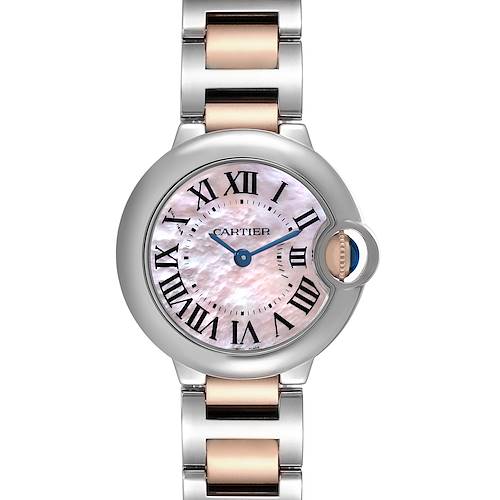 This image shows a front view of a Cartier Ballon Bleu W6920034 Women's Steel and Gold (two tone) Mother of Pearl Dial W6920034 Women's Steel and Gold (two tone) Mother of Pearl Dial watch, highlighting its face, Roman numerals, and stainless steel and gold bracelet.