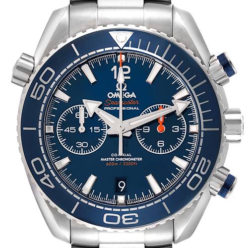 The Omega Planet Ocean 215.30.46.51.03.001 Men's Stainless Steel Blue Dial watch is shown from the front, highlighting its blue dial, bezel, and chronograph subdials.