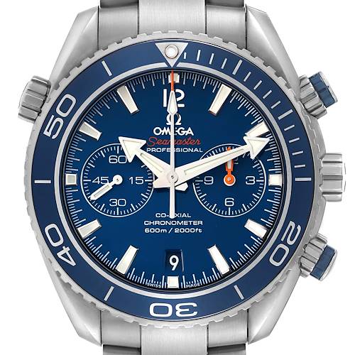 The Omega Planet Ocean 232.90.46.51.03.001 Men's Titanium Blue Dial 232.90.46.51.03.001 Men's Titanium Blue Dial watch is shown from the front, displaying the dial, bezel, crown, and pushers.