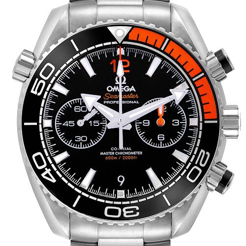 The Omega Planet Ocean 215.30.46.51.01.002 Men's Stainless Steel Black Dial 215.30.46.51.01.002 Men's Stainless Steel Black Dial watch is shown from the front, highlighting the face, bezel, and pushers.