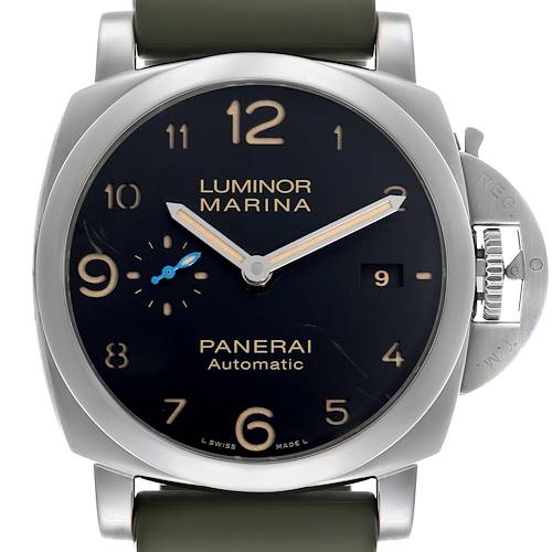 The Panerai Luminor PAM01359 Men's Stainless Steel Black Dial PAM01359 Men's Stainless Steel Black Dial watch is shown from a front angle, highlighting its face, crown guard, and olive green strap.