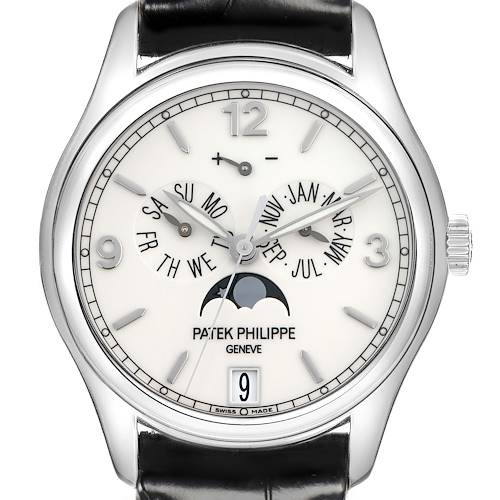 The Patek Philippe Complications 5146G Men's White Gold White Dial 5146G Men's White Gold White Dial watch is shown from the front, displaying its dial, calendar functions, moon phase, and crown.