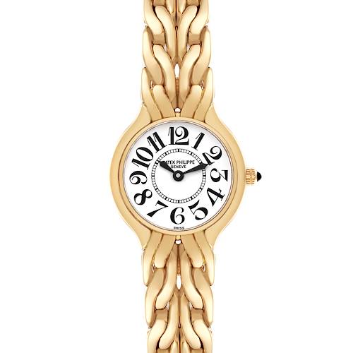 The image shows a top-down view of the Patek Philippe La Flamme  4816/1 Women's Yellow Gold White Dial 4816/1 Women's Yellow Gold White Dialwatch, highlighting the face, crown, and bracelet.