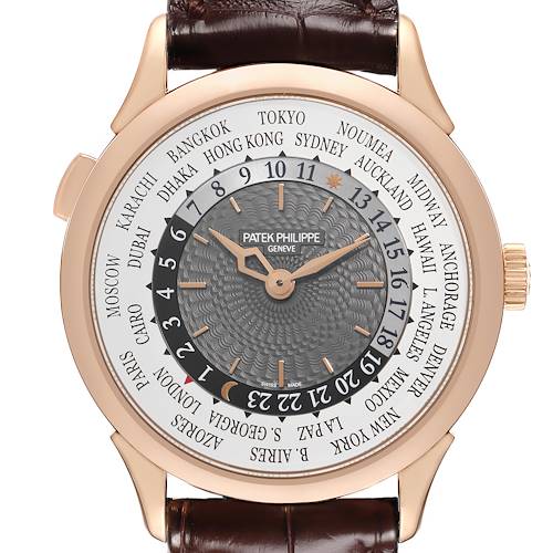 The Patek Philippe Complications 5230R-001 Men's Rose Gold Grey Dial 5230R-001 Men's Rose Gold Grey Dial model is shown from a front angle, highlighting its dial with world time cities and leather strap.