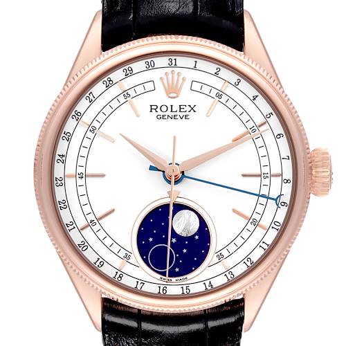 The image shows a front view of the Rolex Cellini 50535 Men's Rose Gold White Dial 50535 Men's Rose Gold White Dial watch, highlighting the dial, crown, and leather strap.
