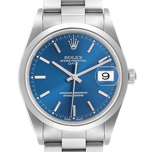 The image shows a Rolex Date 15200 Men's Stainless Steel Blue Dial 15200 Men's Stainless Steel Blue Dial model at a front angle, highlighting the blue dial, date window, hands, hour markers, and crown.