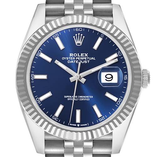 The Rolex Datejust 41 126334 Men's Stainless Steel Blue Dial 126334 Men's Stainless Steel Blue Dial watch is shown from the front, highlighting its blue dial, fluted bezel, and jubilee bracelet.