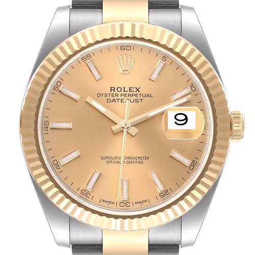 The Rolex Datejust 41 126333 Men's Steel and Gold (two tone) Champagne Dial 126333 Men's Steel and Gold (two tone) Champagne Dial watch is shown from a front angle, displaying its gold-tone dial, fluted bezel, and date window.