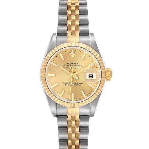 The Rolex Datejust 69173 Women's Steel and Gold (two tone) Champagne Dial 69173 Women's Steel and Gold (two tone) Champagne Dial watch is shown from a front angle, highlighting its face, bezel, and two-tone bracelet.