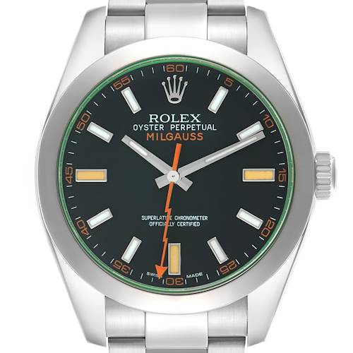 The image shows a front view of the Rolex Milgauss 116400GV Men's Stainless Steel Black Dial 116400GV Men's Stainless Steel Black Dial watch, highlighting the dial, hands, and bezel.
