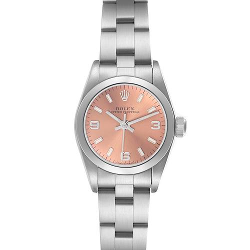 The Rolex Oyster Perpetual 67180 Women's Stainless Steel Pink Dial 67180 Women's Stainless Steel Pink Dial is shown from the front, displaying its pink dial, hands, markers, and full metal bracelet.