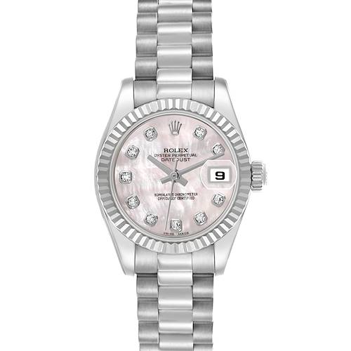 The Rolex President 179179 Women's White Gold Mother of Pearl Dial 179179 Women's White Gold Mother of Pearl Dial model watch is shown from a front angle, displaying the face, bezel, and bracelet.