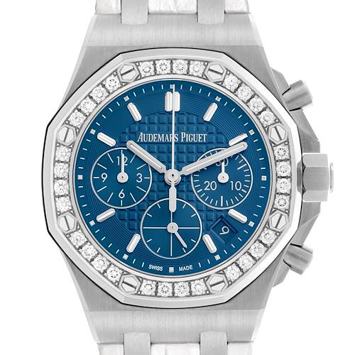 The watch is shown from the front, displaying the dial, bezel with diamonds, and chronograph buttons of the Audemars Piguet Royal Oak Offshore 26231ST Women's Stainless Steel Blue Dial 26231ST Women's Stainless Steel Blue Dial.