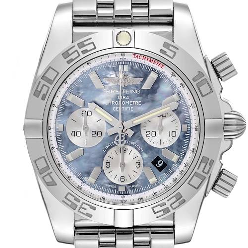The Breitling Chronomat AB0110 Men's Stainless Steel Mother of Pearl Dial AB0110 Men's Stainless Steel Mother of Pearl Dial watch is shown from a front angle, displaying the dial, bezel, and chronograph subdials.