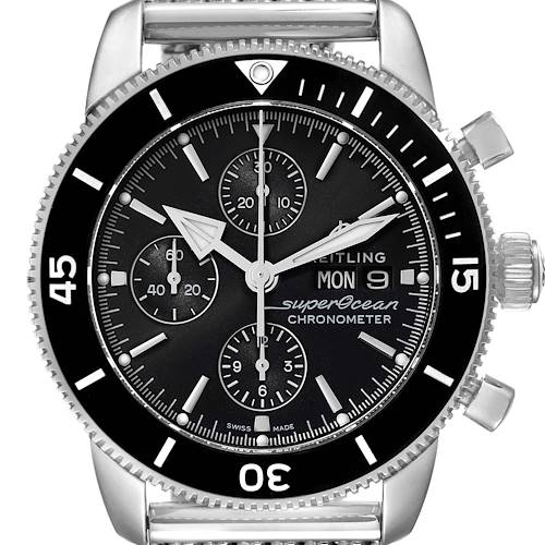 The Breitling Superocean A13320 Men's Stainless Steel Black Dial A13320 Men's Stainless Steel Black Dial watch is shown from the front, highlighting the dial, bezel, subdials, and pushers.