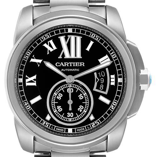 This image shows a frontal view of the Calibre de Cartier watch by Cartier, highlighting its dial, hands, and bracelet.