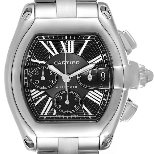 This image shows a front view of the Cartier Roadster W62020X6 Men's Stainless Steel Black Dial W62020X6 Men's Stainless Steel Black Dial watch, displaying the dial, hands, subdials, and date window.