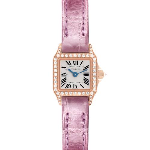 The Cartier Santos Demoiselle WF902004 Women's Yellow Gold Silver Dial WF902004 Women's Yellow Gold Silver Dial watch is shown from the front, highlighting its diamond bezel and purple leather strap.