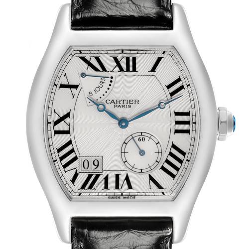 The Cartier Tortue W1545951 Men's White Gold Silver Dial W1545951 Men's White Gold Silver Dial watch is shown front-facing, displaying the dial with Roman numerals, sub-dials, and a date window.