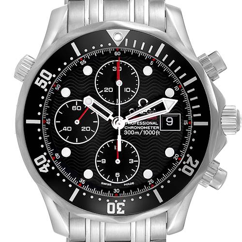 The image shows a front view of an Omega Seamaster 213.30.42.40.01.001 Men's Stainless Steel Black Dial 213.30.42.40.01.001 Men's Stainless Steel Black Dial watch, displaying the dial, bezel, chronograph subdials, and bracelet links.