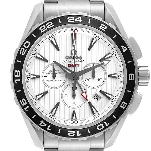 The image shows a front angle of an Omega Seamaster 231.10.44.52.04.001 Men's Stainless Steel White Dial 231.10.44.52.04.001 Men's Stainless Steel White Dial GMT watch displaying its dial and bezel clearly.