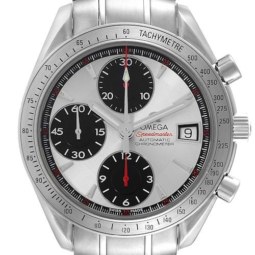 The image shows the face of an Omega Speedmaster 3211.31.00 Men's Stainless Steel Silver Dial 3211.31.00 Men's Stainless Steel Silver Dial watch with detailed chronograph sub-dials and tachymeter bezel, viewed from the front.