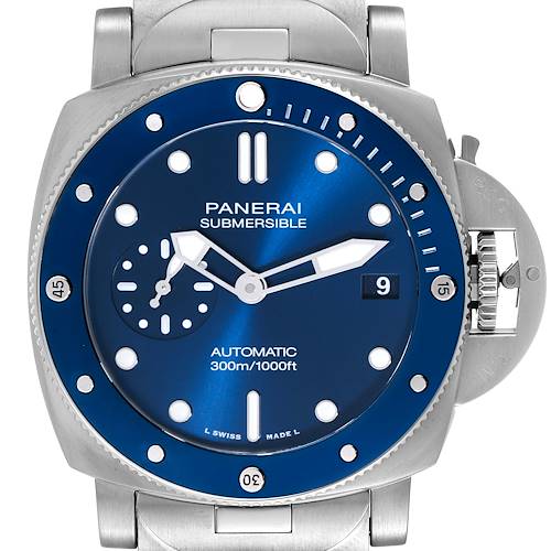The image shows a front view of a Panerai Submersible PAM01068 Men's Stainless Steel Blue Dial PAM01068 Men's Stainless Steel Blue Dial watch, highlighting the blue dial, markers, hands, and bezel.